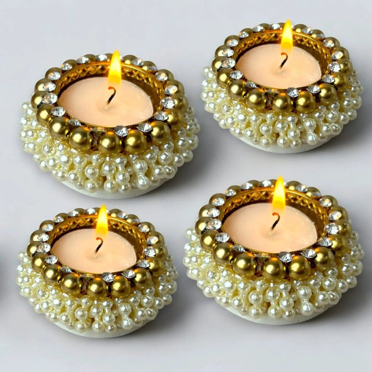 4 Pcs Pearl Tealight Candle Holder Festival of Light Decorative T-light Holder for Diwali Navratri Christmas Thanksgiving Housewarming Gift Candle Stand for Centerpiece Table Home Decor